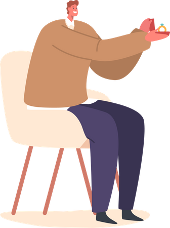 Personaje de hombre sentado en una silla, sosteniendo una caja con un anillo de compromiso  Ilustración
