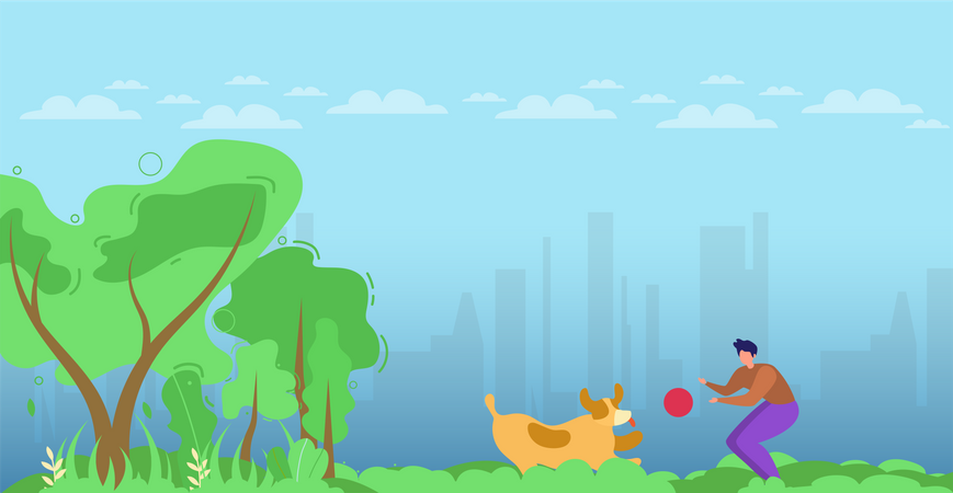 Personaje de hombre y perro jugando con pelota en el parque o bosque  Ilustración