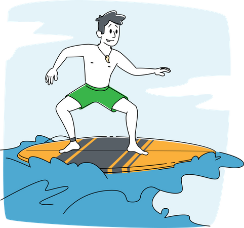 Personaje de surfista joven en traje de baño montando una gran ola de mar a bordo  Ilustración