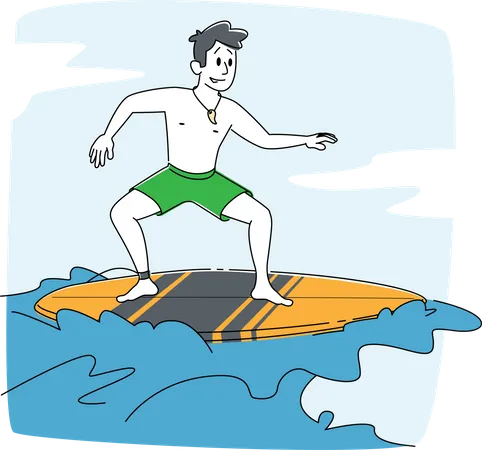 Personaje de surfista joven en traje de baño montando una gran ola de mar a bordo  Ilustración