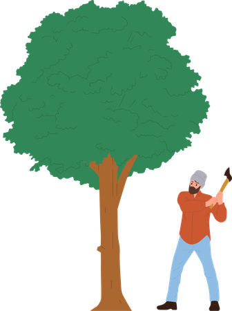 Personaje de hombre leñador talando un árbol  Ilustración