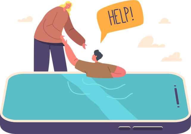 El personaje de la madre ayuda al niño a ahogarse en la pantalla del teléfono inteligente  Ilustración