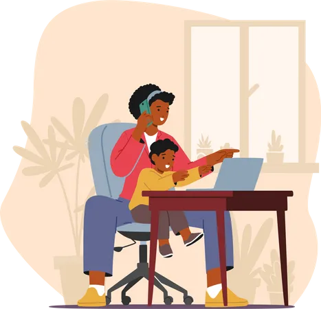 Personaje de mamá negra multitarea que hace malabares con tareas comerciales en su computadora portátil mientras sostiene amorosamente a su hijo  Ilustración