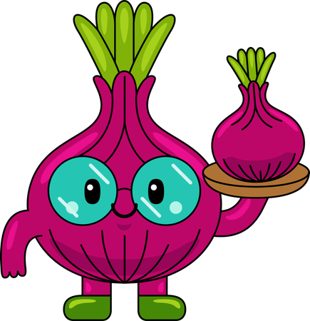 Personaje mascota de cebolla sosteniendo un plato de cebolla  Ilustración