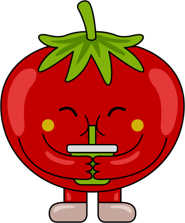 Personaje mascota de tomate bebiendo jugo  Ilustración