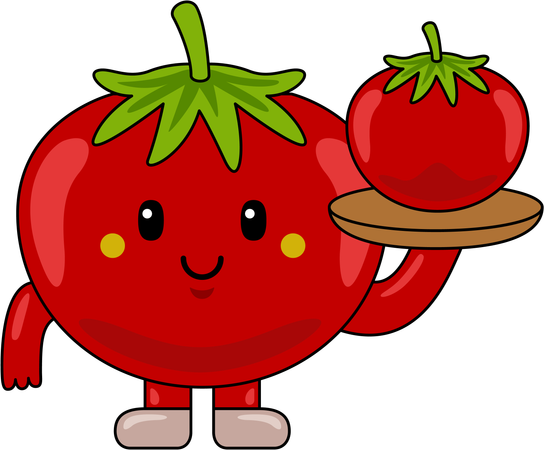 Personaje mascota de tomate sosteniendo un plato de tomate  Ilustración