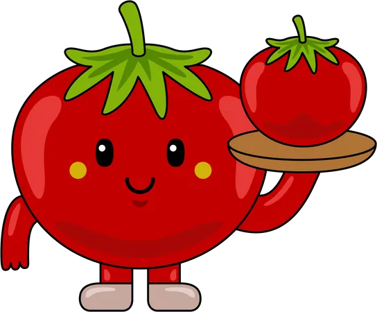 Personaje mascota de tomate sosteniendo un plato de tomate  Ilustración