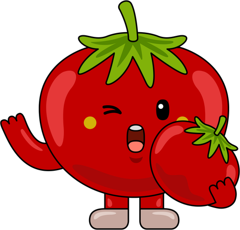 Personaje mascota de tomate sosteniendo un tomate  Ilustración