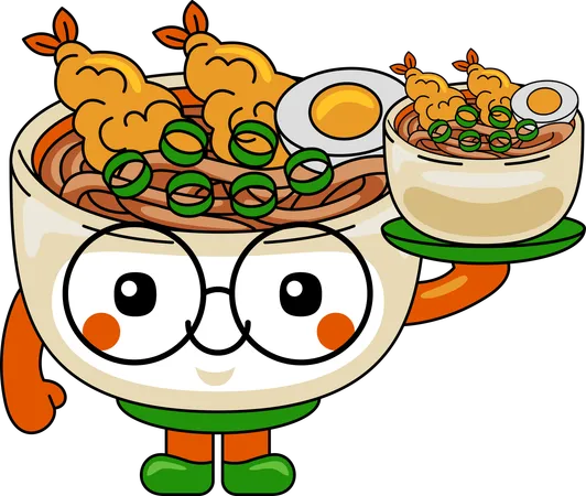 Personaje mascota de Udon sosteniendo un cuenco de Udon  Ilustración