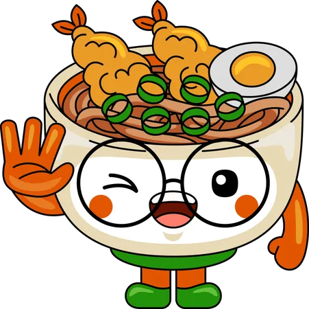 Personaje mascota Udon diciendo hola  Ilustración