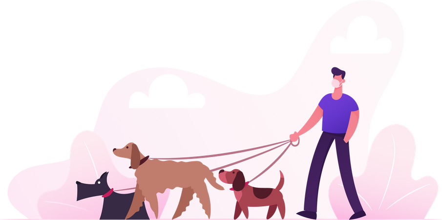 Personaje masculino con máscara médica protectora caminando con equipo de perros en el parque en cuarentena del virus Corona  Ilustración