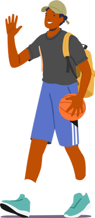 Personaje masculino con mochila y baloncesto.  Ilustración