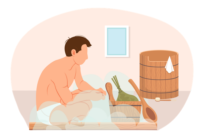 Personaje masculino en baño de vapor caliente junto a una fuente de madera. El hombre está sentado y relajándose en la sauna.  Ilustración