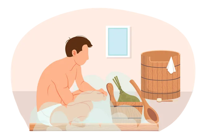 Personaje masculino en baño de vapor caliente junto a una fuente de madera. El hombre está sentado y relajándose en la sauna.  Ilustración