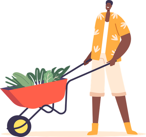 Personaje masculino granjero empuja un carrito lleno de verduras verdes frescas  Ilustración