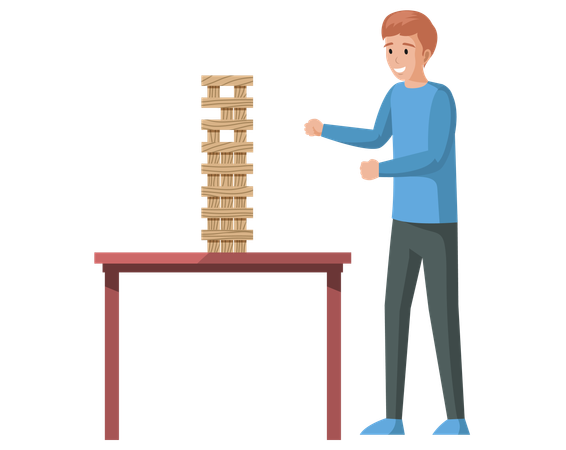 Personaje masculino jugando Jenga solo  Ilustración