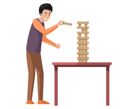 Personaje masculino jugando solo al juego de mesa de lógica Jenga  Ilustración