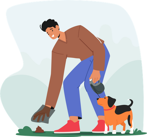 Personaje masculino limpiando caca en una bolsa de plástico después de que su perro esté en el parque  Ilustración