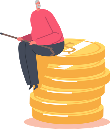 Personaje masculino mayor sentado sobre una enorme pila de monedas de oro  Ilustración
