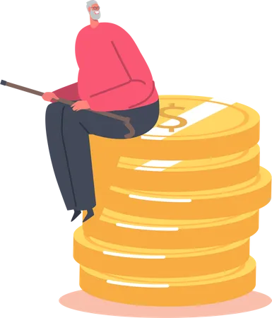Personaje masculino mayor sentado sobre una enorme pila de monedas de oro  Ilustración