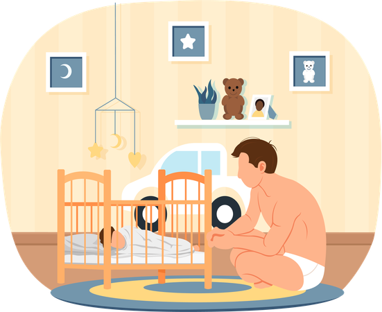 Personaje masculino mirando a su pequeño hijo en la cuna.  Ilustración