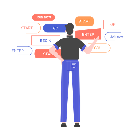 El personaje masculino está de espaldas frente a diferentes opciones de diseño de un botón.  Ilustración