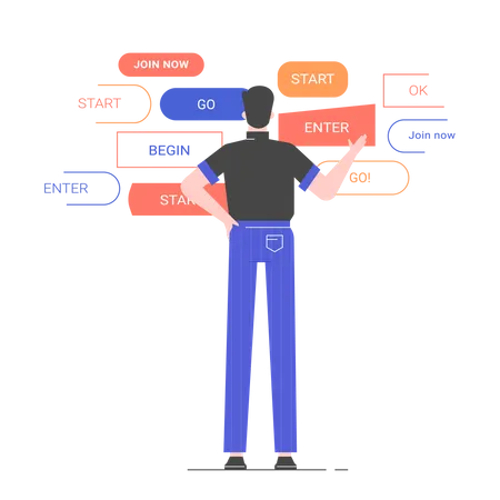 El personaje masculino está de espaldas frente a diferentes opciones de diseño de un botón.  Ilustración