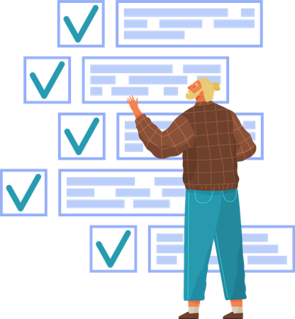 El personaje masculino trabaja con la lista de verificación.  Ilustración