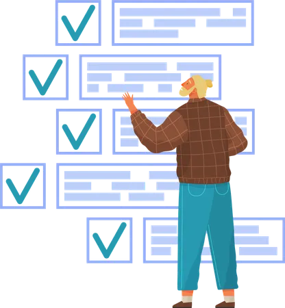 El personaje masculino trabaja con la lista de verificación.  Ilustración