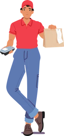 Personaje de mensajería entregando un paquete de comida con una terminal pos  Ilustración