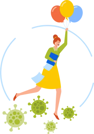 Personaje femenino de negocios volando sobre el virus Corona en globos  Ilustración