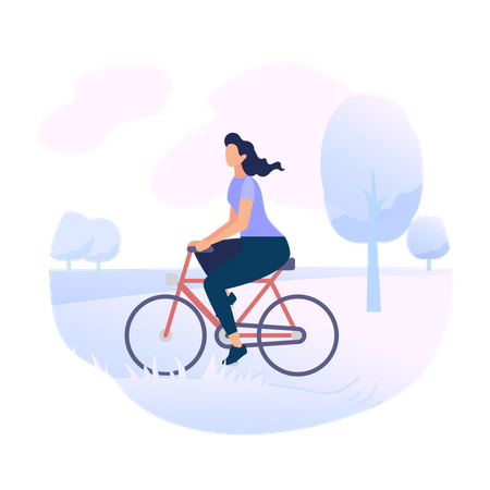Personaje de mujer joven montando bicicleta en el parque de la ciudad  Ilustración