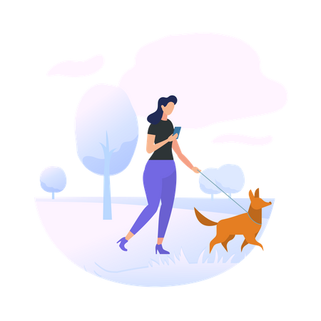 Personaje de mujer joven caminando con perro en el parque  Ilustración