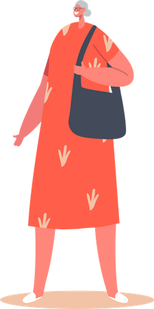 Personaje femenino senior soltero con vestido rojo y bolso  Ilustración