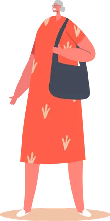 Personaje femenino senior soltero con vestido rojo y bolso  Ilustración