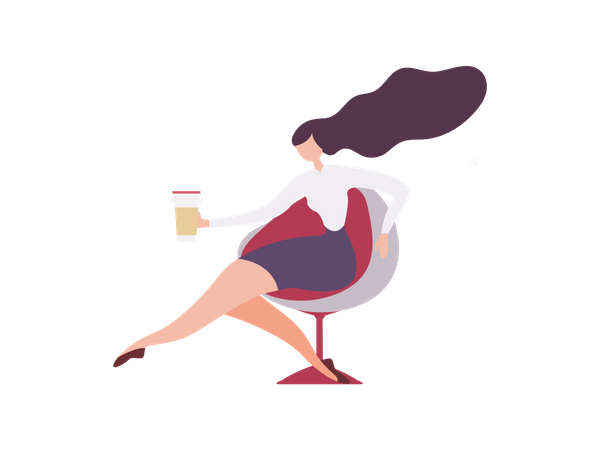 Mujer trabajadora personaje bebiendo bebidas aromáticas y descanso  Ilustración