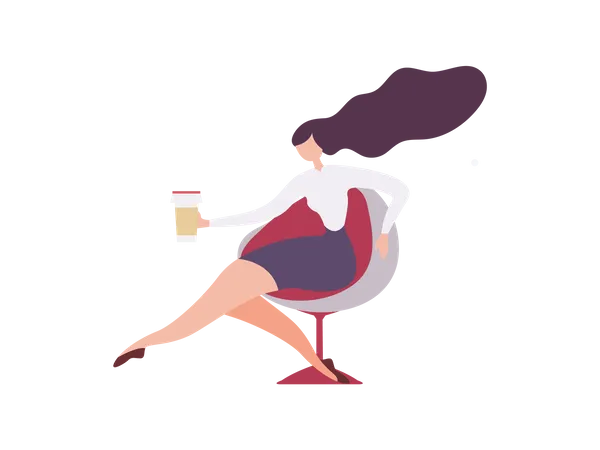 Mujer trabajadora personaje bebiendo bebidas aromáticas y descanso  Ilustración