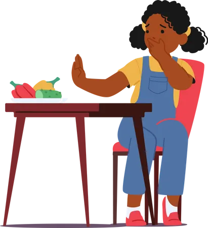 Personaje de niña en la mesa rechaza obstinadamente las verduras  Ilustración