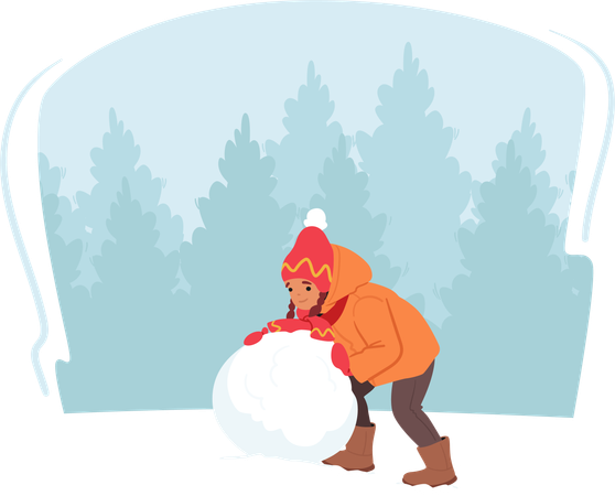 Personaje de niña rueda alegremente una bola de nieve  Ilustración