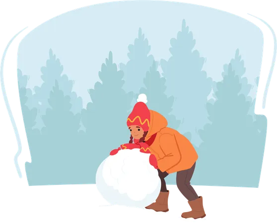 Personaje de niña rueda alegremente una bola de nieve  Ilustración