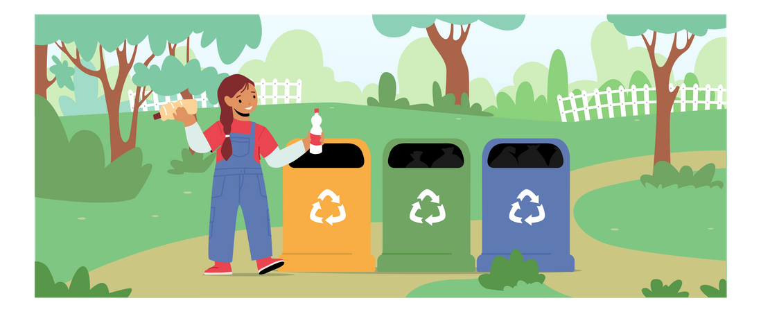 Personaje de niña tira basura en contenedores de basura  Ilustración