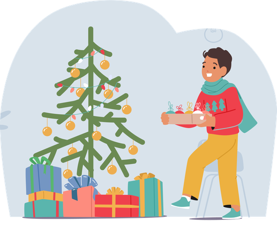 Personaje niño alegre adorna el árbol de Navidad  Ilustración