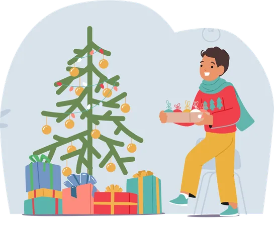 Personaje niño alegre adorna el árbol de Navidad  Ilustración