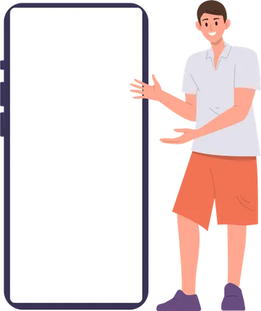 Personaje de niño apuntando a una enorme maqueta de pantalla de teléfono móvil en blanco y vacía  Ilustración