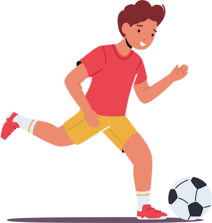 Personaje de niño de escuela jugando al fútbol  Ilustración