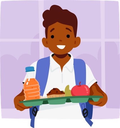 Personaje de niño estudiante sosteniendo la bandeja del almuerzo navegando ansiosamente por la bulliciosa cafetería  Ilustración