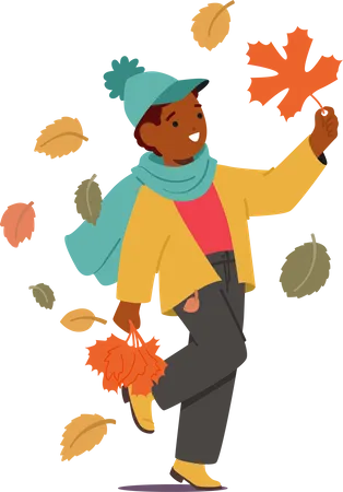 Personaje de niño pequeño paseando con un puñado de vibrantes hojas de otoño en sus manos  Ilustración