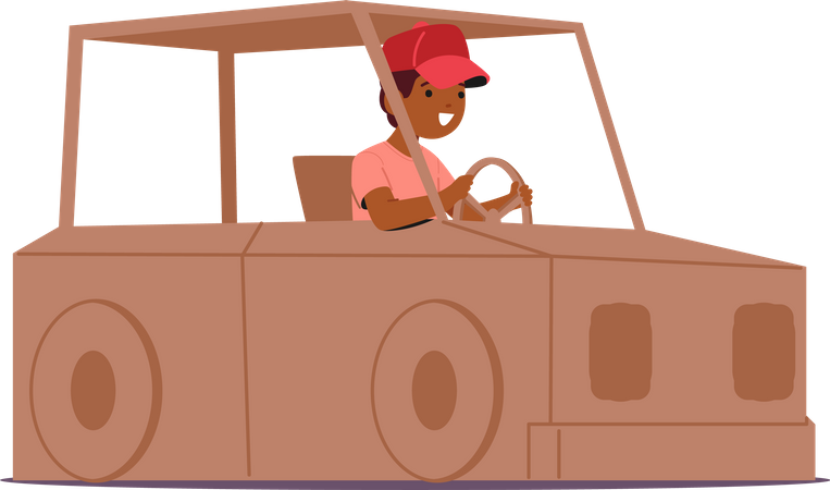 Personaje de niño sentado alegremente en un coche de cartón  Ilustración