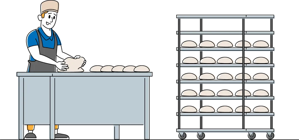 Personaje panadero masculino amasando masa en la mesa para hornear pan  Ilustración