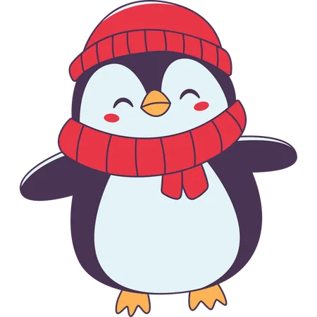 Personaje de pingüino con sombrero chal en invierno  Ilustración